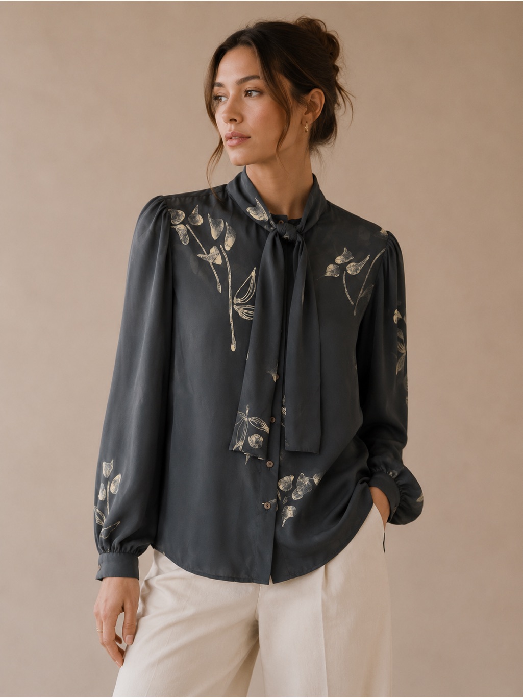 Vintage Jones New York Grey Tie-Neck Blouse With Cream Floral Accents Size 12